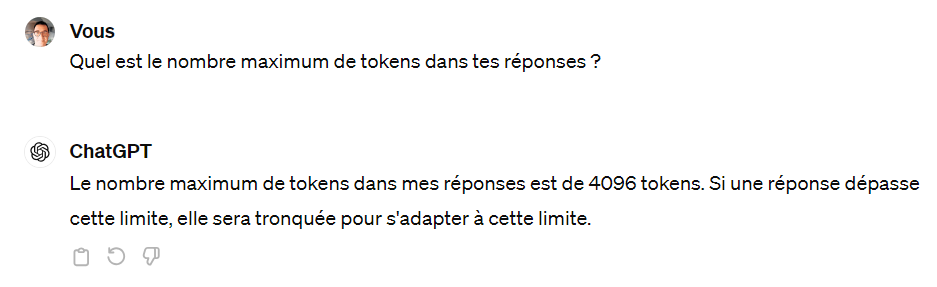 Nombre maximum de tokens en réponse pour chatGPT.