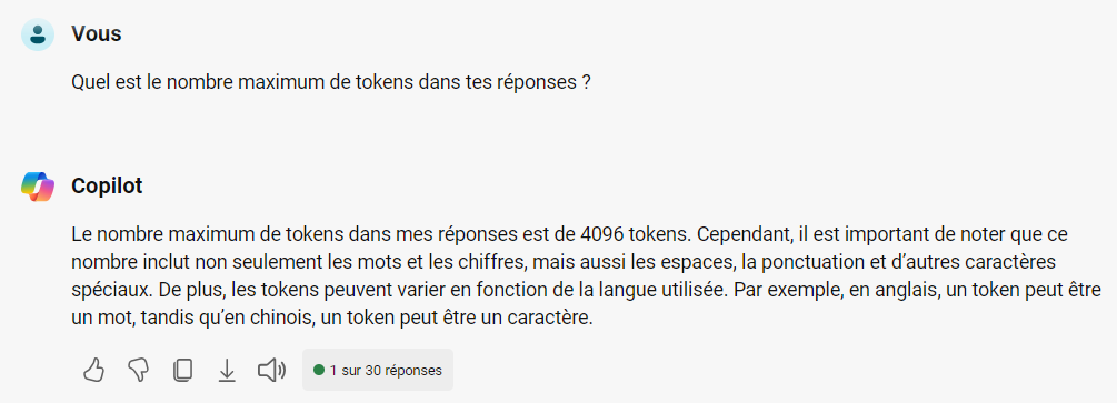 Nombre maximum de tokens en réponse pour copilot.