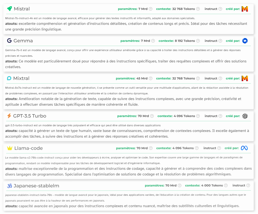 Capture d'écran des LLM proposés par Vittascience