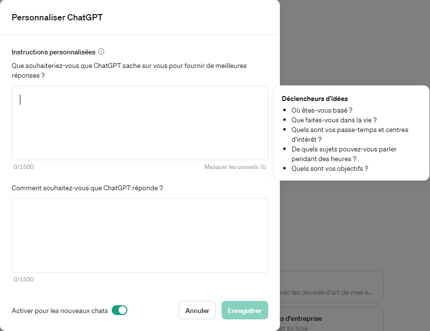 Le champ personnalisation de chatGPT qui peut s'apparenter à un pré-prompt.